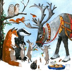 a painting of an animal and its babies in the snow with other animals around it