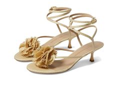 Stuart Weitzman Belize 50 Sandal - Women's Sandals : Natural : Handsewn floral applique perfectly elevates the beauteous look of Stuart Weitzman Belize 50 Sandal. The open toe footwear features toe-post strap for a secure hold, kitten heels, and wrap-up ties with buckle adjustable ankle strap closure. Leather lining and insole. Leather outsole. Made in Spain. Measurements: Heel Height: 2 in Weight: 2 lbs 8 oz Product measurements were taken using size 7, width M. Please note that measurements may vary by size. Summer Wedding Sandals With Almond Toe, Spring Wedding Sandals With Heel Strap, Gold Almond Toe Sandals For Spring, Floral Applique, Women's Sandals, Belize, Product Reviews, Stuart Weitzman, Ankle Strap