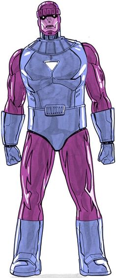 a drawing of a man in purple and blue suit with his hands on his hips