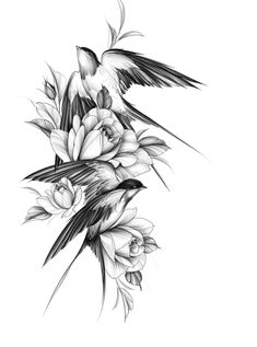 a black and white drawing of two birds with flowers