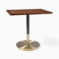 a square wooden table with a metal base and a wood top on a white background