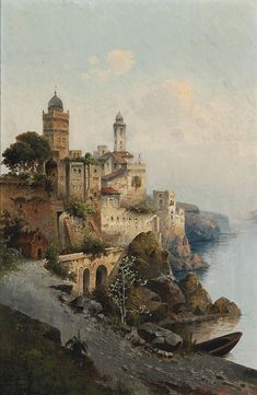 an oil painting of a castle on top of a hill next to the ocean with boats in the water