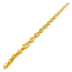 This luxurious bracelet, made from 22k yellow gold and weighing 10.5 grams, boasts a shiny palatial paisley design that exudes opulence and grandeur. The bracelet's length of 7.75 inches ensures a comfortable fit on the wrist, secured with an elegant S lock for a touch of vintage charm. The intricate paisley patterns give it a regal appearance, making this piece a standout accessory for both formal occasions and everyday elegance. Ideal for those who appreciate the beauty of detailed craftsmansh Classic 22k Gold Bracelets For Formal Occasions, Classic 22k Gold Bracelet For Formal Occasions, 22k Gold Bracelets For Formal Occasions, Traditional Yellow Gold Chain Bracelet For Formal Events, Formal 22k Gold Bracelets, Traditional Yellow Gold Chain Bracelet For Formal Occasions, Formal 22k Gold Chain Bracelet, Formal 22k Gold Filigree Bracelets, Elegant 22k Gold Bracelets For Formal Occasions