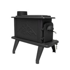 the black stove is sitting on top of a wooden stand and has an oven in it