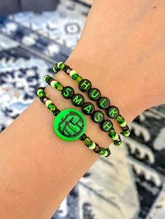 Adjustable Green Bracelets With Letter Beads, Green Themed Beaded Bracelets As Gifts, Themed Green Beaded Bracelets For Gifts, Themed Green Beaded Bracelets As Gift, Green Themed Beaded Bracelets, Bracelets Layering, Hulk Smash, Letter Beads, Layered Jewelry