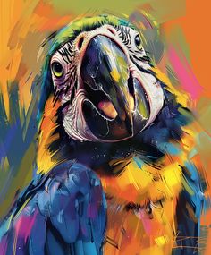 a painting of a colorful parrot with its mouth open