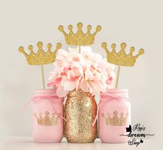 pink mason jars with gold crown toppers