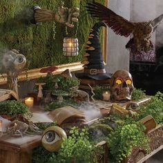 a table topped with lots of plants and skulls