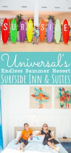 two children sitting on a bed with surfboards in the background and an advertisement for universal's endless summer resort