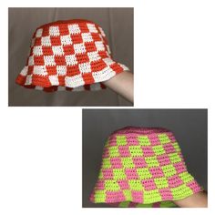 two hats with crochet designs on them, one in pink and the other in green