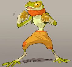 a cartoon frog with an orange shirt and yellow pants is holding his hands up in the air