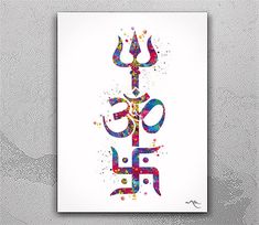 a poster with the word om shan in colorful paint splattered on white paper