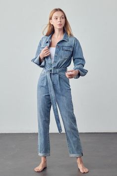 Contemporary Belted Collared Button Front Denim Jumpsuit- 100% Cotton- High Waist- Pocket, Button Front- Regular Sleeve- Imported, Designed In USASize 3- Front Body Length 17 3/4"- Chest 41 1/2"- Should Width 18 1/4"- Sleeve Length 23"- Waist 29 1/2"- Hip 41"- Front Rise 13"- Leg Opening 13 3/4"- Inseam 30"Model wears size 3, height 5'9"*For detail size spec, please message us* Style: Casual Print / Pattern: Medium Wash Denim Silhouette: Jumpsuit Fit: Regular Embellishment: Belted Neck Line: Col Jumpsuit Fitted, Denim Jumpsuit, Sweater Blouse, Sheer Fabrics, Tops For Leggings, Dress Accessories, Set Dress, Effortless Style, Jumpsuits For Women