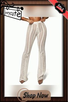 White Hollow-out Crochet Beach Pants White Beach Pants For Vacation, White Pants For Beach Vacation, White Non-stretch Pants For Beach, White Bohemian Pants For Beach Season, Beige Stretch Bottoms For Vacation, Stretch Beige Bottoms For Vacation, Bohemian Fitted Bottoms For Vacation, Fitted Bohemian Bottoms For Vacation, Chic Non-stretch Pants For Beach Season