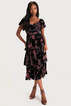 Oh-So Lovely Black Floral Burnout Velvet Tiered Midi Dress Burnout Velvet Dress, Burnout Velvet, Dresses Casual Fall, Darling Dress, Tiered Midi Dress, Online Dress Shopping, Tiered Skirt, Tiered Dress, Floral Dress Black