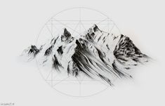 an artistic drawing of mountains in black and white, with a geometric grid around them