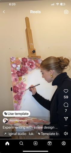 a woman is painting on an easel with flowers in the background and text that reads use template