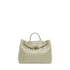 Bottega Veneta "Andiamo" top handle bag in  intreccio  lambskin leather  Rolled top handle, 3.5" drop Shoulder strap Can be worn as a top handle or shoulder bag  Open top with magnetic closure; metal knot center strap  Approx. 9.8"H x 11.6"W x 4.3"D Made in Italy Elegant Satchel With Braided Handles, Elegant Shoulder Bag With Woven Leather And Round Handle, Luxury Satchel With Braided Double Handles, Elegant Woven Leather Satchel, Formal Satchel With Braided Handles, Elegant Satchel With Intrecciato Weave And Double Handle, Elegant Satchel With Braided Double Handles, Chic Evening Satchel With Woven Leather, Elegant Double Handle Satchel With Braided Handles