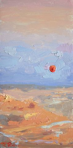 an oil painting of a red ball floating in the air over a desert landscape with blue sky and clouds