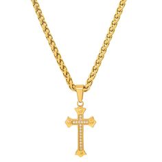 Men's 18k gold plated stainless steel and simulated diamonds cross pendant Gold Stainless Steel Crucifix Jewelry, Gold Stainless Steel Cross Pendant Necklace, Yellow Gold Stainless Steel Cross Pendant Necklace, Gold Stainless Steel Cross Jewelry, Stainless Steel Cross Pendant Jewelry, Tarnish Resistant, Tarnish Resistant Stainless Steel Cross Pendant Jewelry, Tarnish-resistant Stainless Steel Cross Pendant Jewelry, Gold Stainless Steel Crucifix Cross Necklace, Gold Crucifix Cross Necklace In Stainless Steel