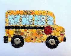 a school bus is made out of buttons