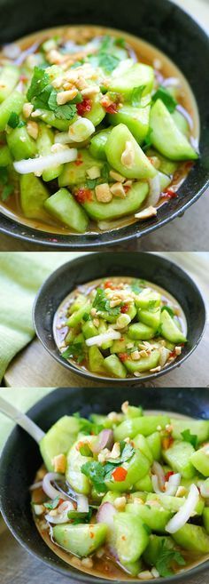 two pictures show the process of making soup with cucumbers and other vegetables in a black bowl