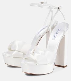 Aquazzura - Olie 140 satin platform sandals | Mytheresa Silk Heels, Silk Shoes, Aquazzura Heels, Sandals High Heels, Heels White, White Silk, Wedding Guest Outfit, Summer Party, Date Night Outfit