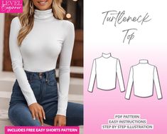 a women's turtle neck top sewing pattern with long sleeves and an easy to sew