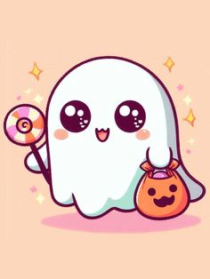 a cartoon ghost holding a candy bag and a lollipop in its hand with eyes