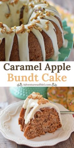 a bundt cake with white icing and walnuts on top is sitting on a plate