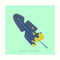 a blue and yellow poster with a rocket ship on it's side, against a green background