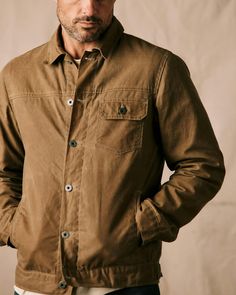 Flint and Tinder Flannel-Lined Waxed Trucker Jacket - Field Tan | Waxed Jackets | Huckberry Rugged Button-up Outerwear With Pockets, Rugged Collared Outerwear With Flap Pockets, Unstructured Khaki Utility Jacket For Fall, Fall Cotton Rugged Shacket, Rugged Button-up Outerwear With Patch Pockets, Rugged Button-up Fall Outerwear, Rugged Fall Shacket With Pockets, Rugged Utility Jacket With Button Closure For Outdoor, Rugged Cotton Button-up Outerwear