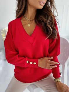 Shop Affordable  Women Blouses1 Spring/Fall Shirt&blouse Casual Shirt&blouse Plain Shirt&blouse Loose Daily V Neck Long Sleeve On Justfashionnow.com Button Sweater, Blue V, Cute Sweaters, Casual Sweaters, Fall Sweaters, Fashion Colours, Casual Look, Batwing Sleeve, Sweater Sleeves