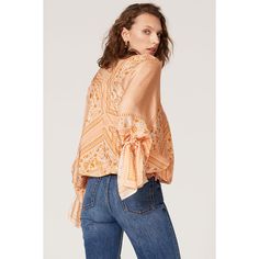 Orange and white printed silk (100% Silk). Top. Long sleeves with tie-detail. V-neckline. Pull on styling. Imported. Orange Printed V-neck Top, Orange Bohemian V-neck Top, Rent The Runway, Portobello, See By Chloe, Closet Designs, Silk Blouse, Silk Printing, Chloe