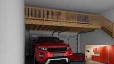 a red range rover parked in a garage under a wooden stair case with stairs above it