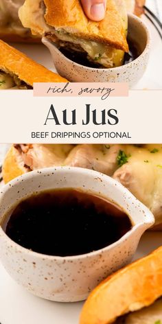 this is an image of a sandwich with dipping sauce on it and the words, red curry au jus