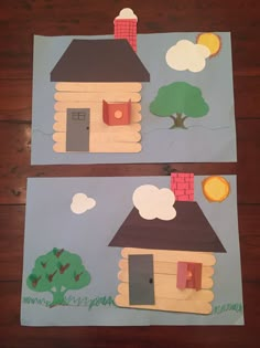 two paper houses with trees and clouds on them