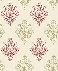 an ornate wallpaper pattern with red and green designs on white background, suitable for use in home decor