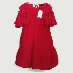 Who What Wear Bell Sleeve Silky Ruffle Dress Nwt, Size Xs. Length: 33" Pit To Pit: 18" Red Ruffle Hem Dress With Ruffle Sleeves, Red Short Sleeve Mini Dress With Ruffles, Red Dress With Ruffle Hem And Ruffle Sleeves, Red Dress With Ruffle Hem And Sleeves, Red Dresses With Ruffle Hem And Ruffle Sleeve, Red Short Sleeve Mini Dress With Ruffle Hem, Red Mini Dress With Ruffle Hem And Short Sleeves, Red Tiered Ruffle Dress For Spring, Red Knee-length Dress With Ruffle Hem