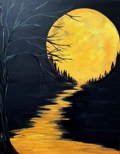 an acrylic painting of a full moon over a lake with trees in the foreground