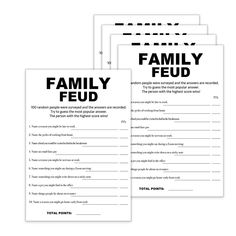 three family feed cards with black and white text on the front, one for each child