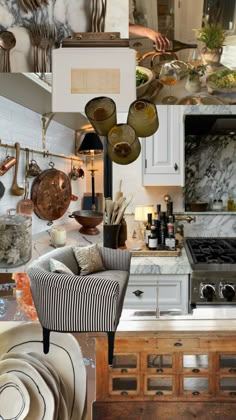 a kitchen filled with lots of different types of dishes and utensils hanging from the ceiling