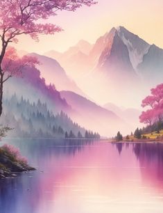 a painting of mountains, trees and water with pink flowers in the foregrounds