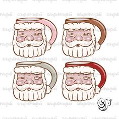 four santa claus mugs with their faces drawn in different colors and sizes, one is red