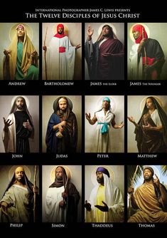 the twelve disciples of jesus christ pictures are shown in this poster with their names on it