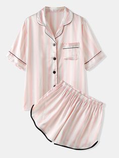 Women Colorful Striped Button up Revere Collar Pocket Home Ice Silk Pajama Set Shifting Outfits, Silk Pajamas Shorts, Womens Pajama Shorts, Revere Collar, Design Clothes, Square Crochet