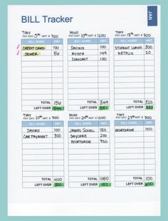 a bill tracker is shown in blue and white