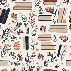 an image of books and leaves on a white background with orange flowers in the middle