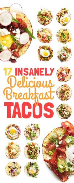 the cover of an insanely delicious breakfast tacos cookbook is shown in red and white