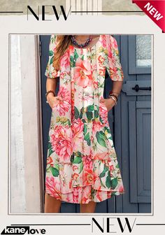 Women Short Sleeve Scoop Neck Floral Printed Pockets Midi Dress Size Clothing, Scoop Neck, Plus Size Outfits, Floral Prints, Midi Dress, Womens Shorts, Plus Size, Floral, Clothes